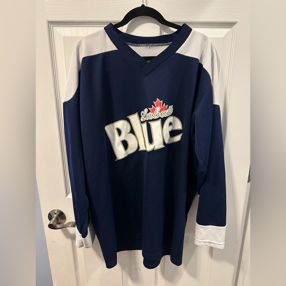 Vintage Labatt Blue Hockey Jersey Beer Promo Adult XL Navy White Party Costume